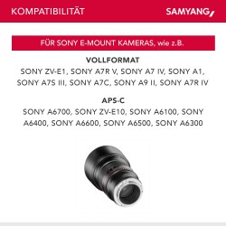Samyang MF 85mm f 1 4 muotokuvausobjektiivi Sony E kennolle täyskenno ja APS C
