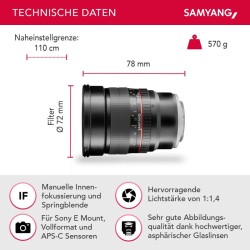 Samyang MF 85mm f/1.4 muotokuvausobjektiivi Sony E -kennolle, täyskenno ja APS-C