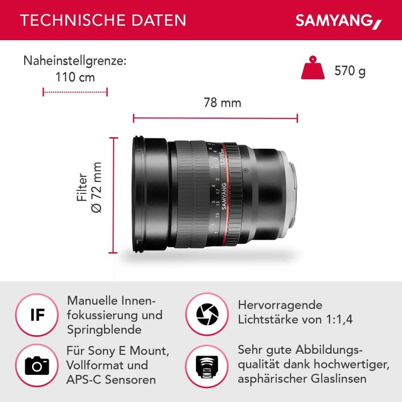 Samyang MF 85mm f/1.4 muotokuvausobjektiivi Sony E -kennolle, täyskenno ja APS-C