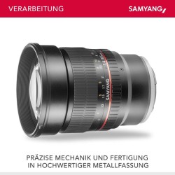 Samyang MF 85mm f/1.4 muotokuvausobjektiivi Sony E -kennolle, täyskenno ja APS-C