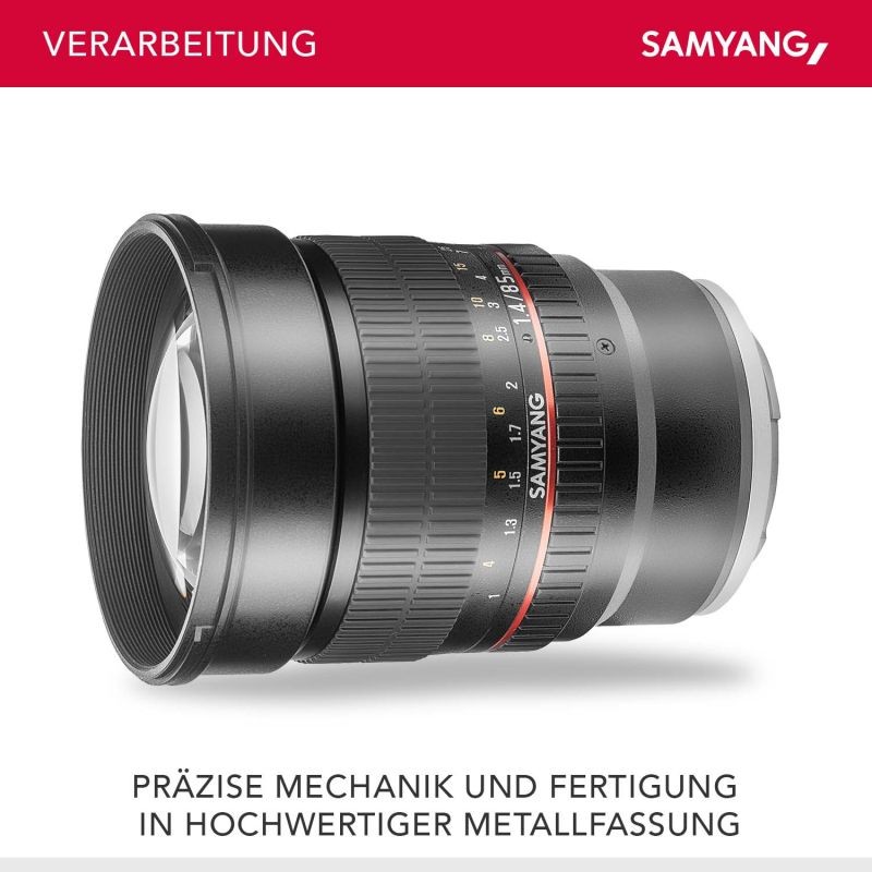 Samyang MF 85mm f/1.4 muotokuvausobjektiivi Sony E -kennolle, täyskenno ja APS-C