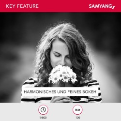 Samyang MF 85mm f/1.4 muotokuvausobjektiivi Sony E -kennolle, täyskenno ja APS-C