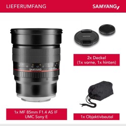 Samyang MF 85mm f/1.4 muotokuvausobjektiivi Sony E -kennolle, täyskenno ja APS-C