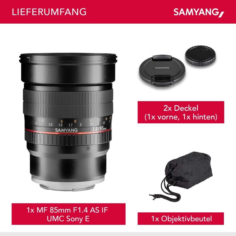 Samyang MF 85mm f/1.4 muotokuvausobjektiivi Sony E -kennolle, täyskenno ja APS-C