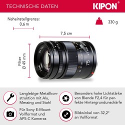 Kipon Iberit 75mm f/2,4 manuaalitarkenteinen objektiivi Sony E -kameroille
