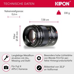 Kipon Iberit 75mm f/2,4 manuaalitarkenteinen objektiivi, Fuji X