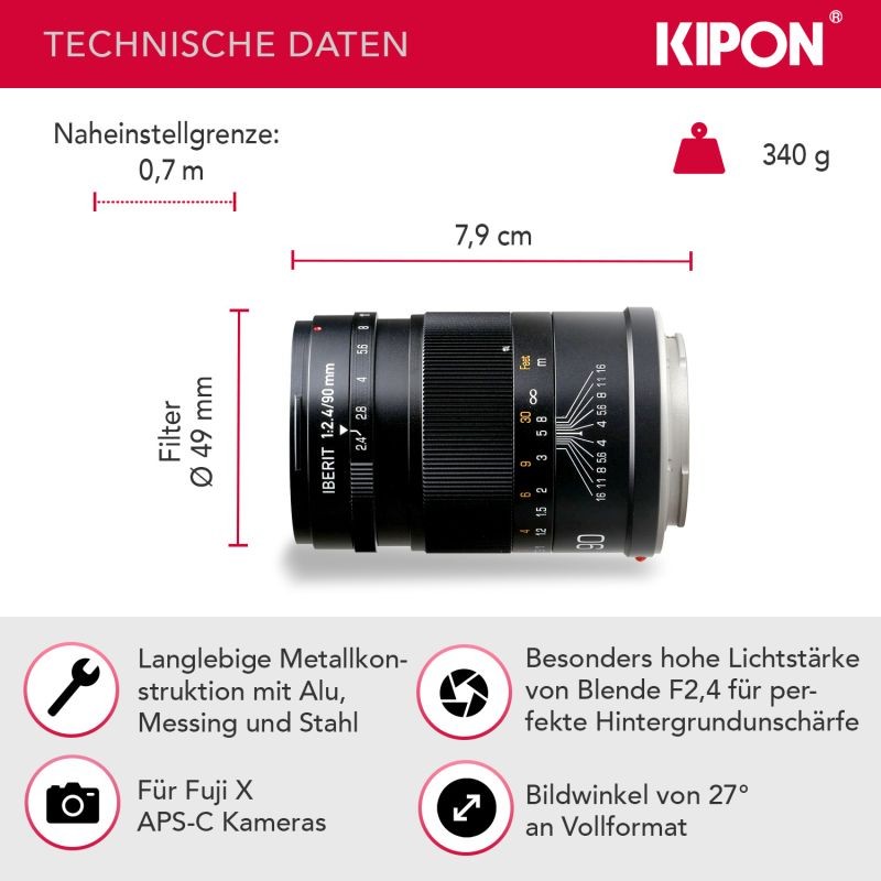 Kipon Iberit 90mm F2.4 manuaalinen objektiivi Fuji X