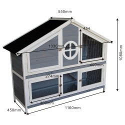 Kaksitasoinen kaninhäkkivilla kuusipuu harmaansininen ja valkoinen 1330 x 550 x 1080 mm