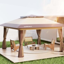 Taitettava puutarhapaviljonki 4 x 4 m, beige, hyttysverkoilla, pyörillä ja One Push -tekniikalla