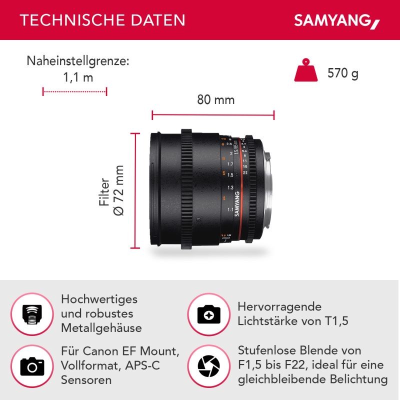 Samyang MF 85mm T1,5 Video DSLR II -objektiivi Canon EF
