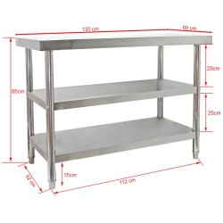 Ruostumaton terästyöpöytä 120x60x85 cm, 2 hyllyä, korkeussäädettävät jalat