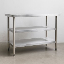 Ruostumaton terästyöpöytä 120x60x85 cm, 2 hyllyä, korkeussäädettävät jalat