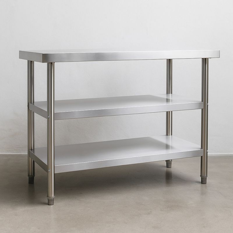Ruostumaton terästyöpöytä 120x60x85 cm, 2 hyllyä, korkeussäädettävät jalat
