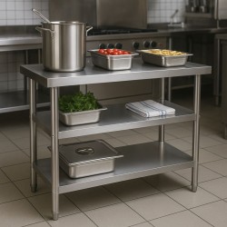 Ruostumaton terästyöpöytä 120x60x85 cm, 2 hyllyä, korkeussäädettävät jalat