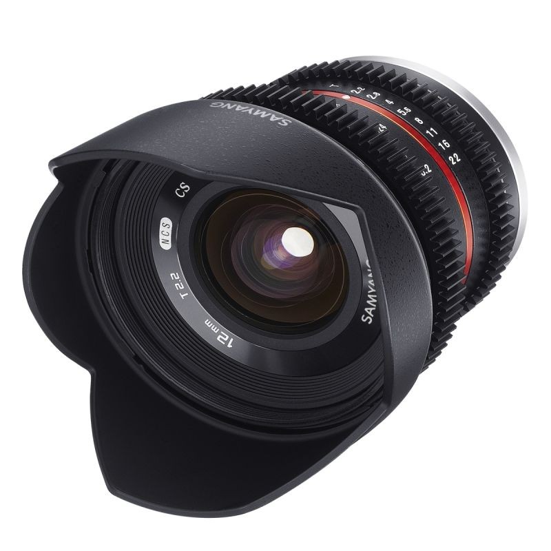 Samyang MF 12 mm T2,2 Video-objektiivi MFT APS-C, portaaton aukko ja Follow Focus -hammasrattaat