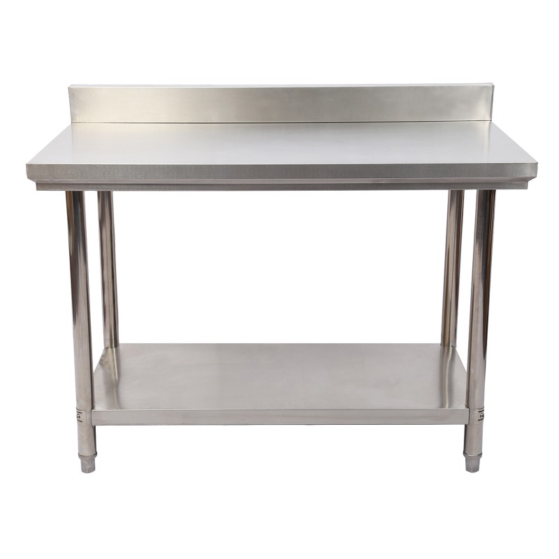 Ruostumaton terästyöpöytä 120x60x85 cm, V2A, takareuna, hylly ja korkeussäädettävät jalat