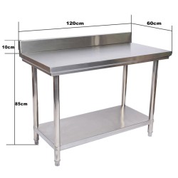 Ruostumaton terästyöpöytä 120x60x85 cm, V2A, takareuna, hylly ja korkeussäädettävät jalat