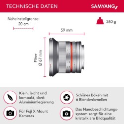 Samyang 12mm F2.0 laaja-alainen kiinteä objektiivi Fuji X, MF, hopea