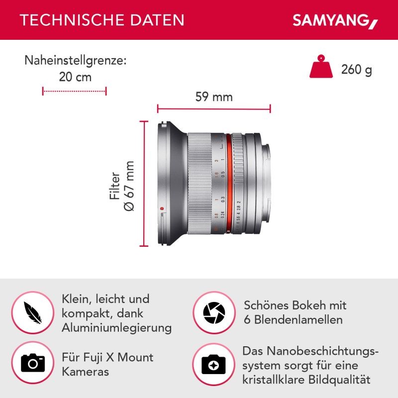 Samyang 12mm F2.0 laaja-alainen kiinteä objektiivi Fuji X, MF, hopea