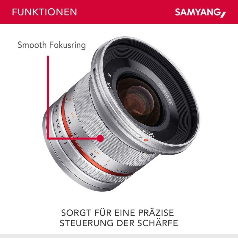 Samyang 12mm F2.0 laaja-alainen kiinteä objektiivi Fuji X, MF, hopea