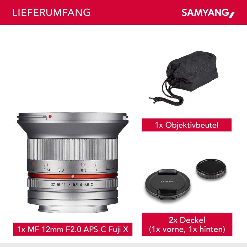 Samyang 12mm F2.0 laaja-alainen kiinteä objektiivi Fuji X, MF, hopea