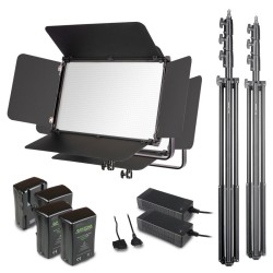 Walimex pro LED Niova 150-F Pro 150 W valaistussetti, 2x LED-paneelia, 2x jalustaa, 4x akkua, 2x latauslaite