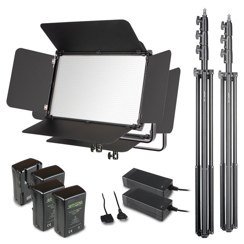 Walimex pro LED Niova 150-F Pro 150 W valaistussetti, 2x LED-paneelia, 2x jalustaa, 4x akkua, 2x latauslaite