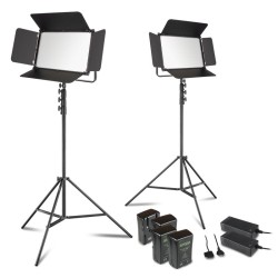 Walimex pro LED Niova 150-F Pro 150 W valaistussetti, 2x LED-paneelia, 2x jalustaa, 4x akkua, 2x latauslaite