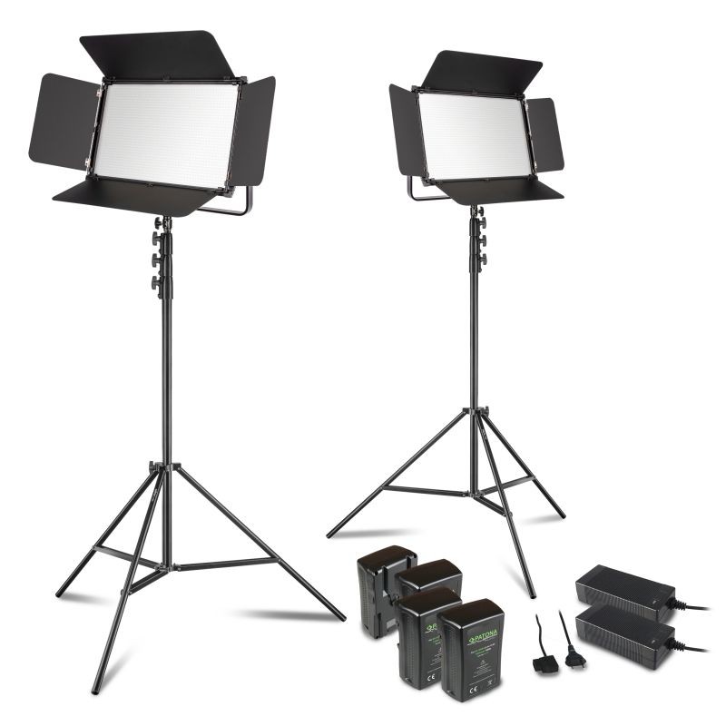 Walimex pro LED Niova 150-F Pro 150 W valaistussetti, 2x LED-paneelia, 2x jalustaa, 4x akkua, 2x latauslaite