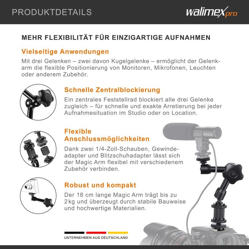 Walimex pro Magic Arm nivelvarsi, 180 x 70 x 39 mm, max. kantavuus 2 kg, musta
