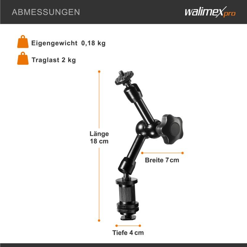Walimex pro Magic Arm nivelvarsi, 180 x 70 x 39 mm, max. kantavuus 2 kg, musta