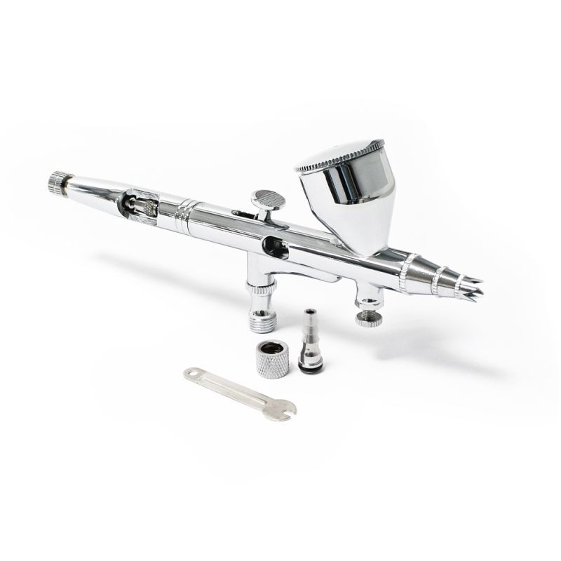 Airbrush-pistooli Typ 180 Double-Action, suutin 0,3 mm, 7 ml maalikuppi, hopea, adapteri mukana