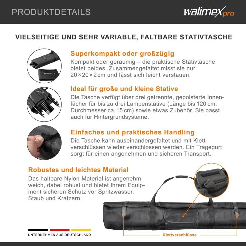 Walimex pro Vario jalustalaukku 120 cm, 1200 x 580 x 200 mm, musta, 3 jalustaa