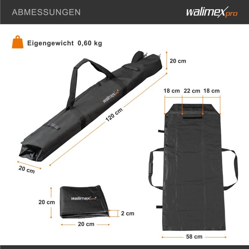 Walimex pro Vario jalustalaukku 120 cm, 1200 x 580 x 200 mm, musta, 3 jalustaa