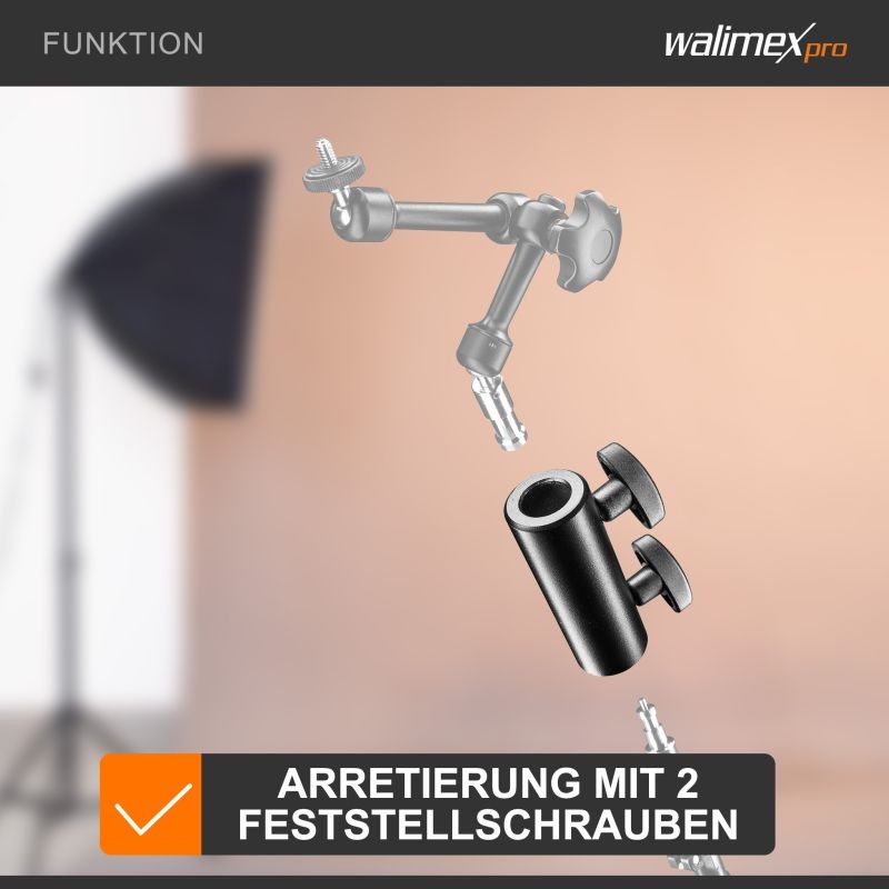 Walimex pro Spigot-adapteri, painevalumetalli, musta, 2 lukitusruuvia, valojaloille ja nivelvarsille