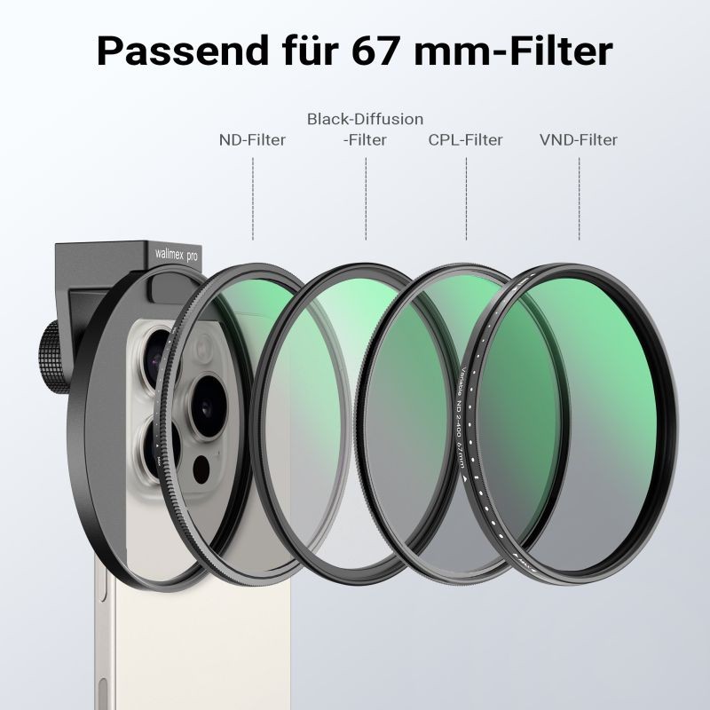 Walimex pro suodatinpidike 67 mm älypuhelimelle, kylmäkenkä LED-valolle ja mikrofonille