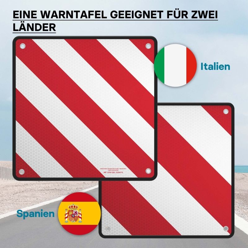 Varoituslevy Espanjaan ja Italiaan, alumiini, 500x500 mm, heijastava, punavalkoinen, ulonevalle kuormalle