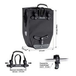 Pyörän tavaralaukku 25 l, vedenkestävä PVC, musta, sopii tavaratelineille Ø 8–16 mm