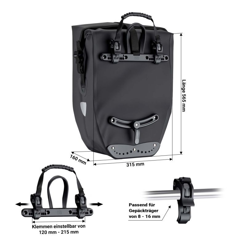 Pyörän tavaralaukku 25 l, vedenkestävä PVC, musta, sopii tavaratelineille Ø 8–16 mm