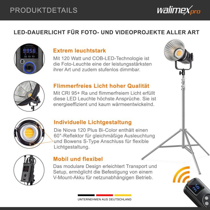 Walimex pro Niova 120 Plus Bi-Color 120 W COB LED-studiovalo ja videovalo heijastimella