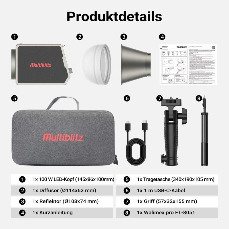 Multiblitz MB-PL LED 100B 100 W LED-valaisin ja FT-8051 valojalka -valaistussetti