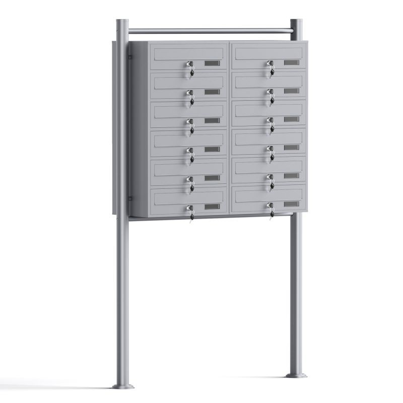 Postilaatikkojärjestelmä 12 lokeroa, hopea, 945 x 270 x 1500 mm, sinkitty teräs