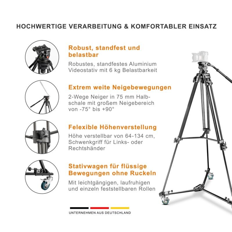 Walimex pro EI-9901 videojalusta, 6 kg, 64-134 cm, WT-600 siirtovaunu ja kuljetuslaukku