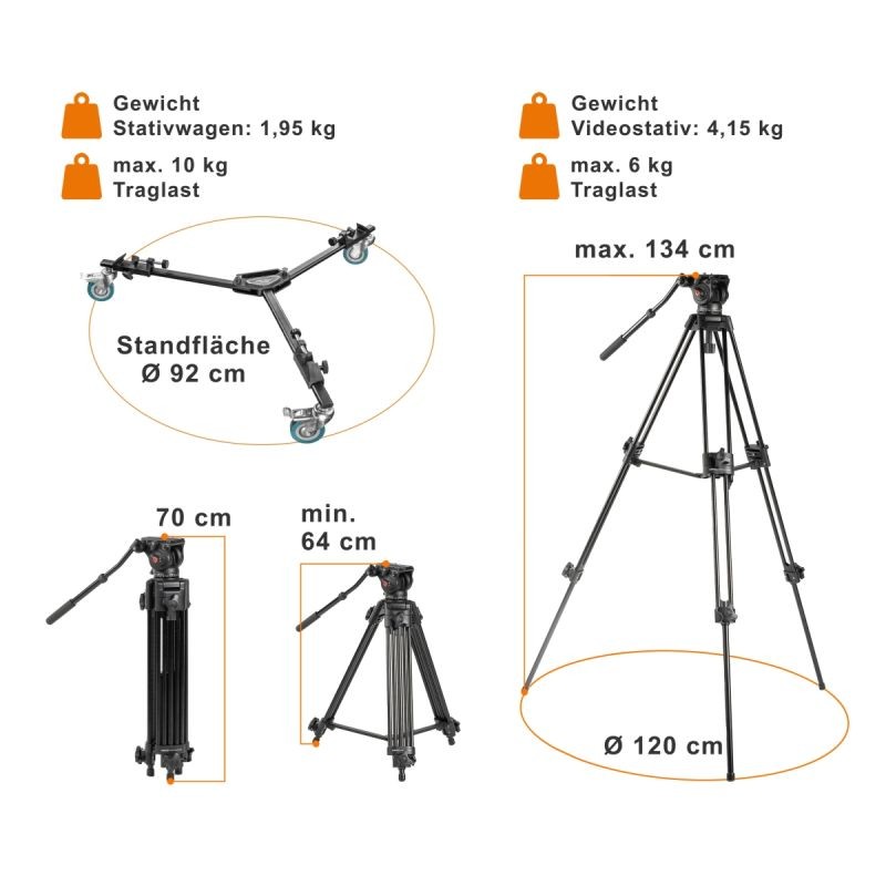Walimex pro EI-9901 videojalusta, 6 kg, 64-134 cm, WT-600 siirtovaunu ja kuljetuslaukku