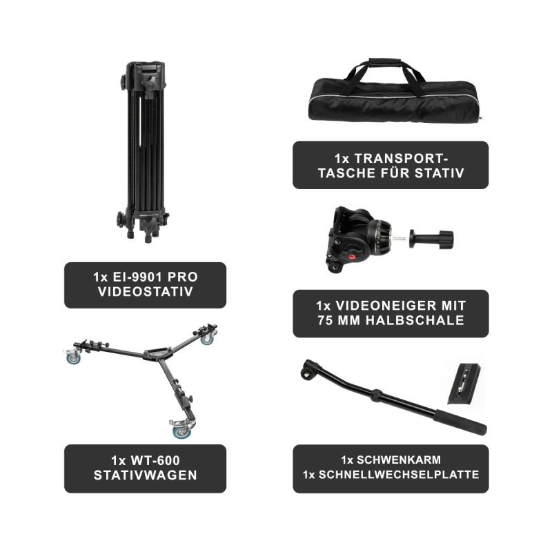 Walimex pro EI-9901 videojalusta, 6 kg, 64-134 cm, WT-600 siirtovaunu ja kuljetuslaukku