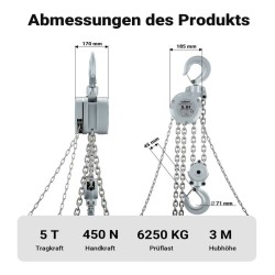Alumiininen ketjunostin 5 t, 3 m nostokorkeus, G100-kuormaketju