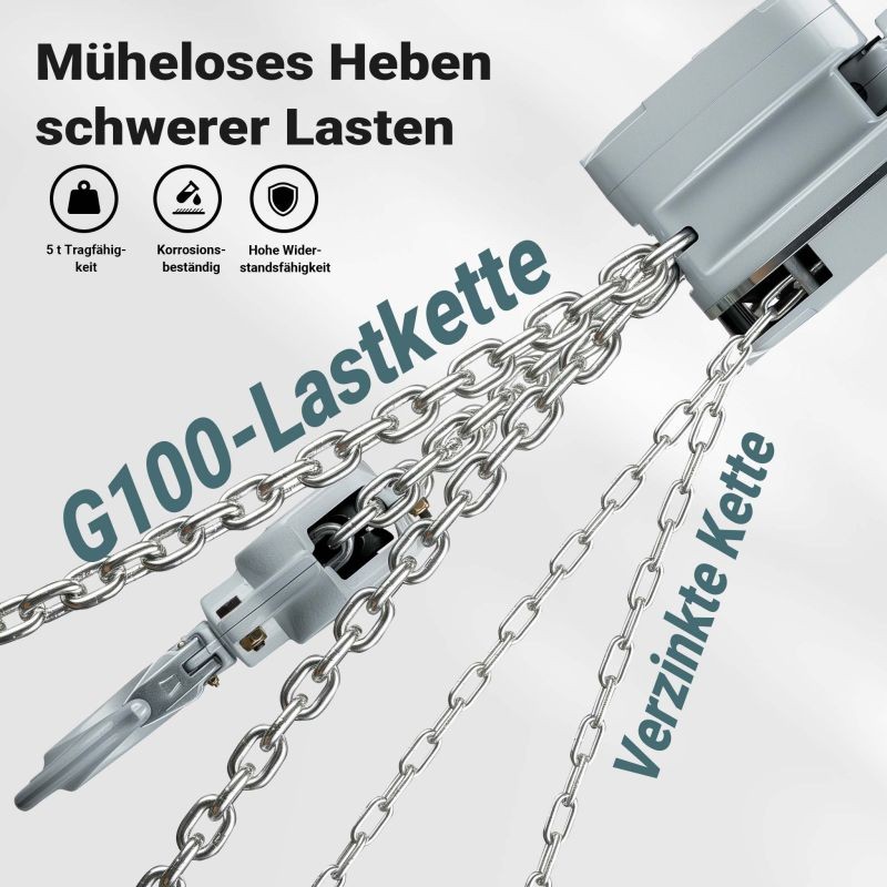 Alumiininen ketjunostin 5 t, 3 m nostokorkeus, G100-kuormaketju