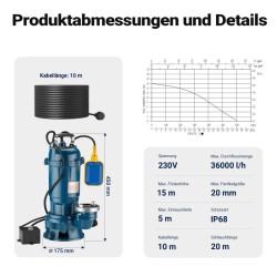 Valurautainen likaveden uppopumppu 1500 W 36 000 l/h kellukiskytkimellä ja 20 m letkulla