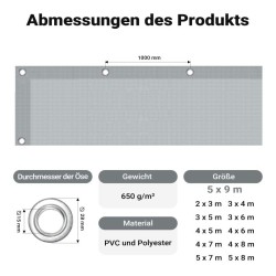Säänkestävä suojapeite 5 x 9 m, harmaa, PVC-pinnoitettu polyesteri 650 g/m², UV-kestävä, silmukat