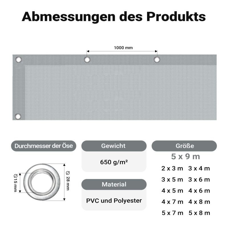 Säänkestävä suojapeite 5 x 9 m, harmaa, PVC-pinnoitettu polyesteri 650 g/m², UV-kestävä, silmukat